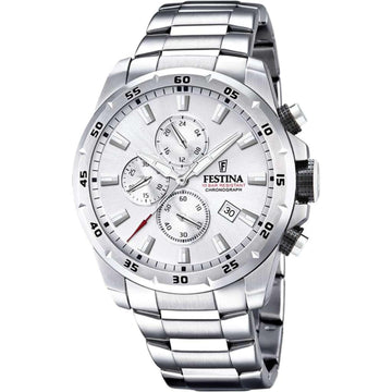 Ρολόι Festina F20463/1 χρονογράφος με ασημί ατσάλινο μπρασελέ, άσπρο καντραν, μηχανισμό μπαταρίας quartz, στρογγυλό στεφάνι με διάμετρο 45mm και ένδειξη ημερομηνίας αδιάβροχο στις 10ΑΤΜ-100Μ.